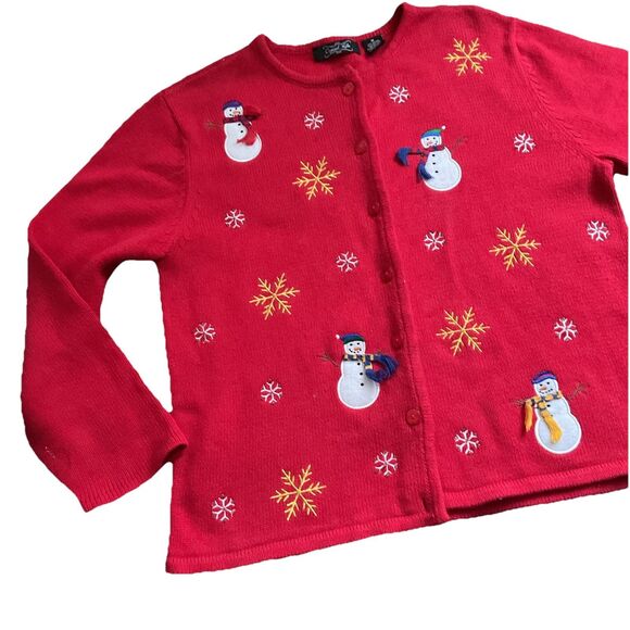 Crystal-Kobe Women's Red Christmas Cardigan Sweater Snowmen Design Size Medium - Picture 3 of 6